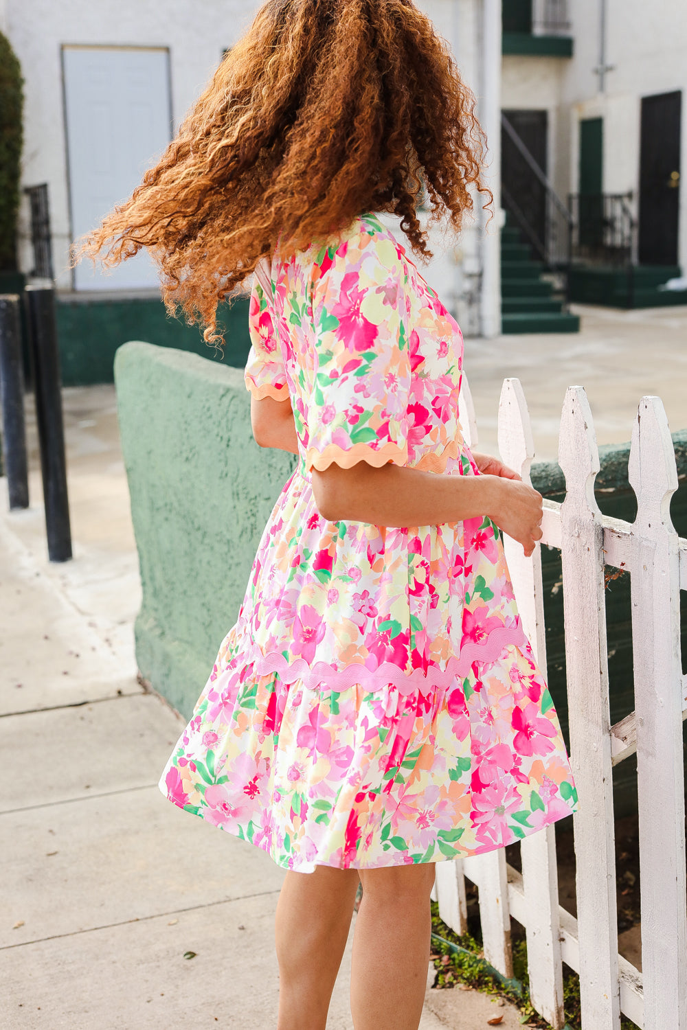 Beautiful You Rose Floral Print Ric Rack Trim Babydoll Dress