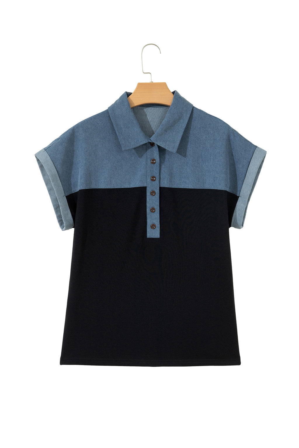Light Grey Color Block Denim Patchwork Button Polo Collar Short Sleeve Top