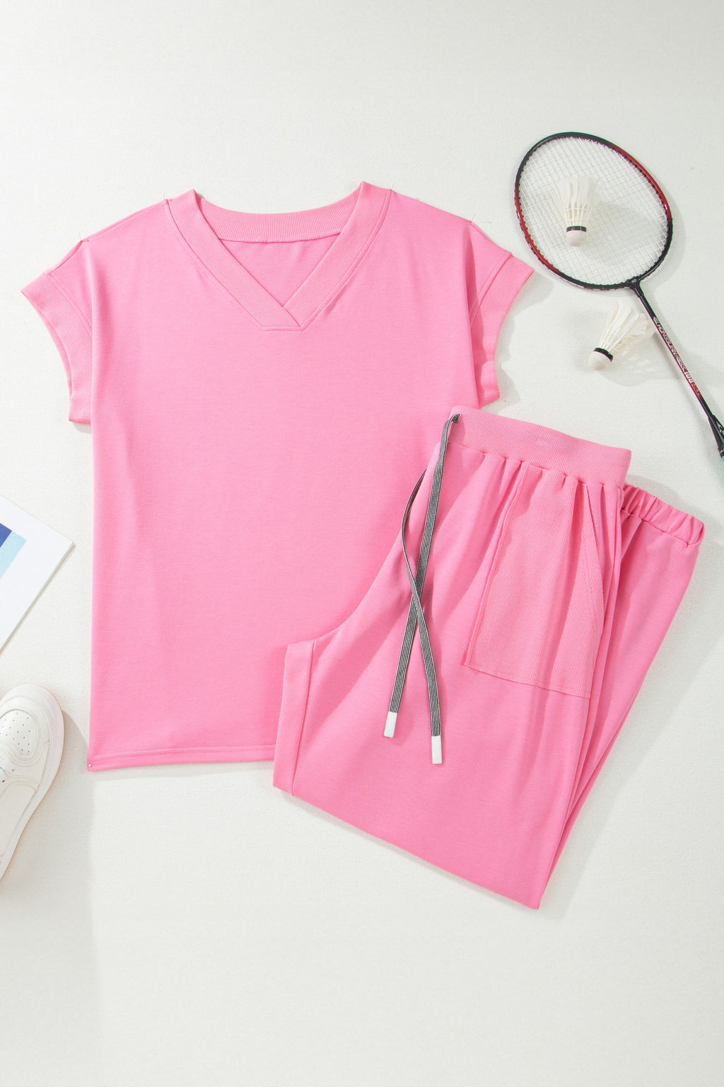Mint Green Solid V-Neck Tee and Drawstring Plus Size Pants Set