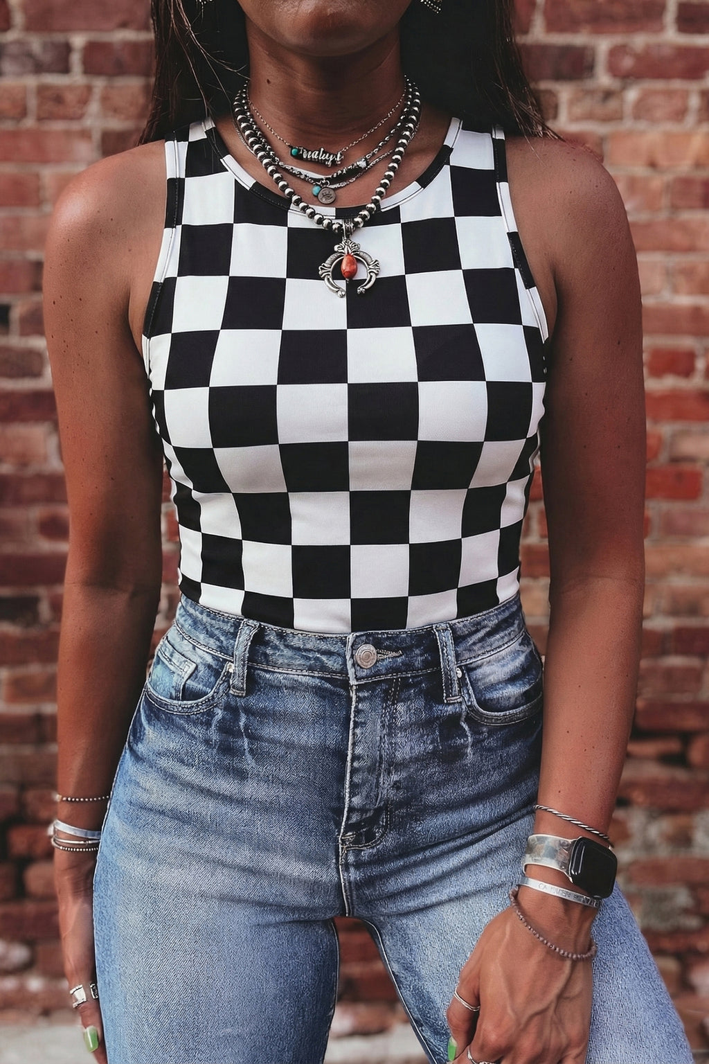 Red Checkerboard Printed Slim Tank Top