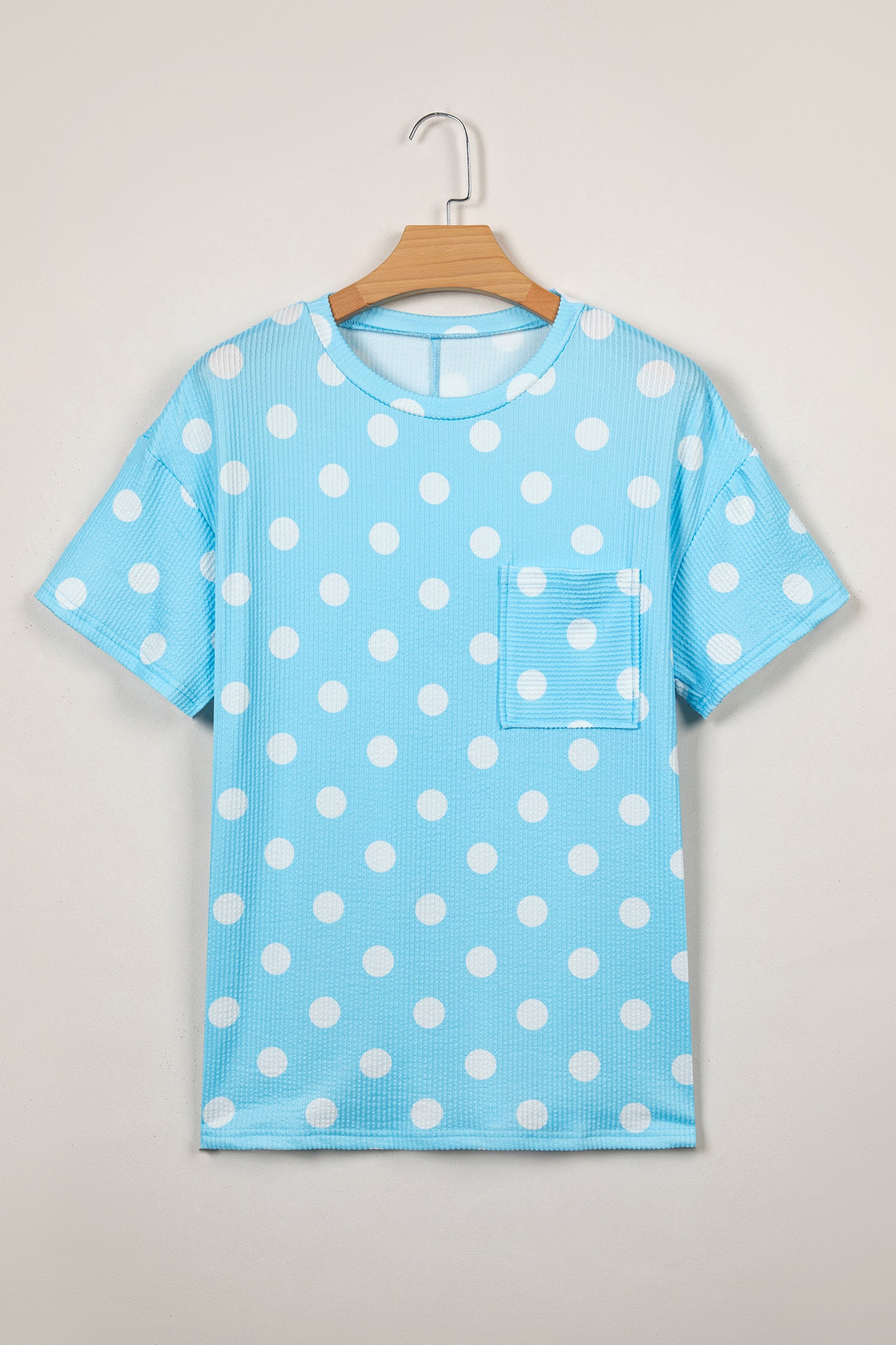 Pink Polka Dot Round Neck Drop Shoulder Patch Pocket Jacquard Texture Top