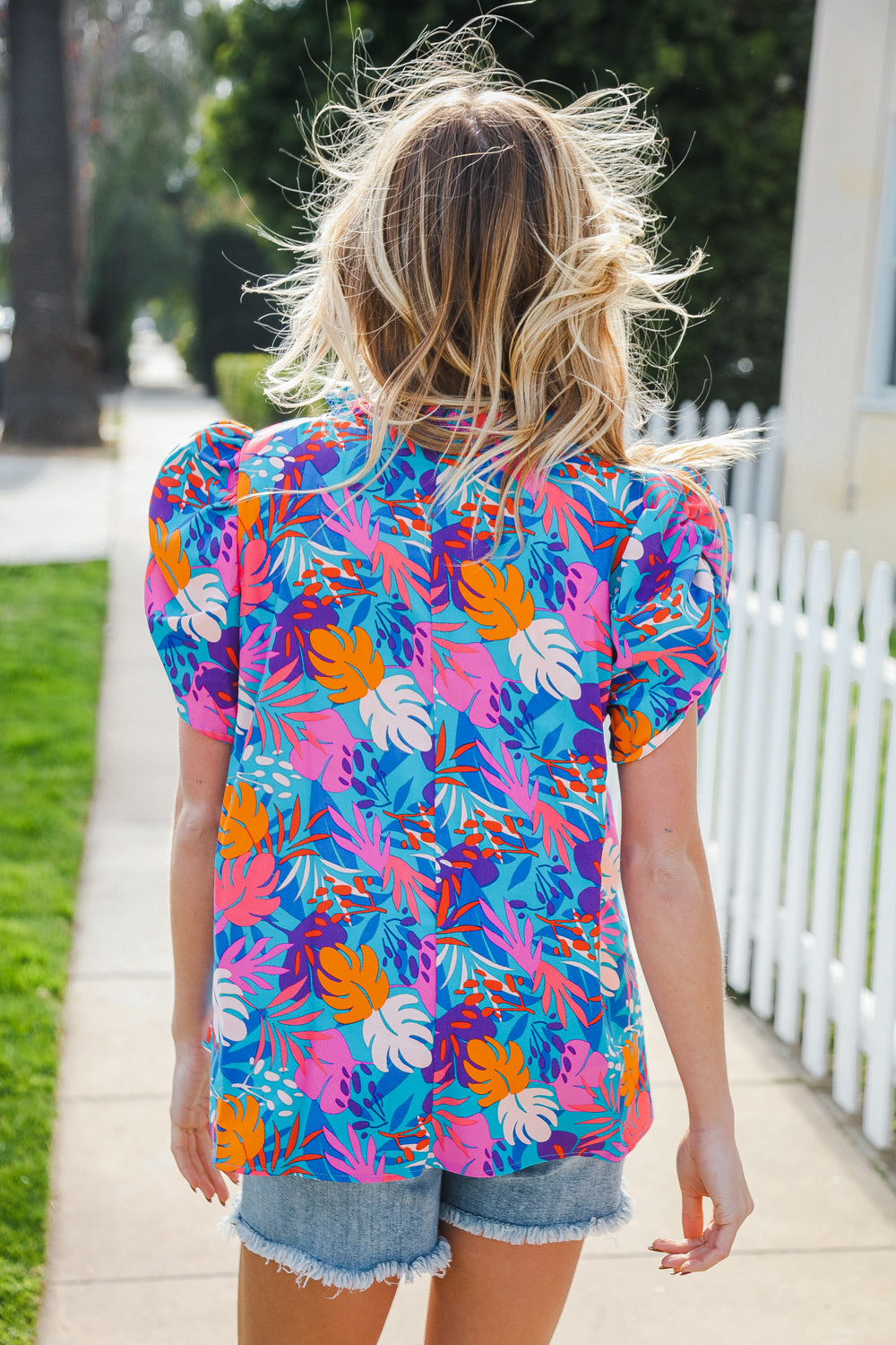 All For You Aqua Tropical Print Frill Notch Neck Puff Sleeve Top