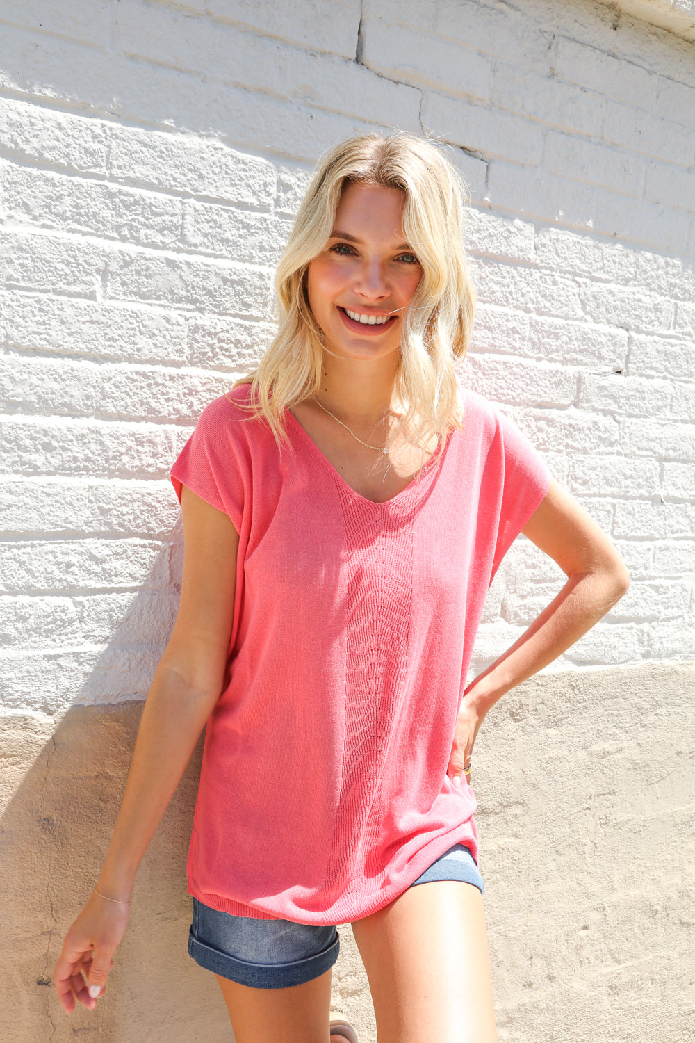 Summer Vibes Coral Relaxed Fit Jacquard Knitted Top