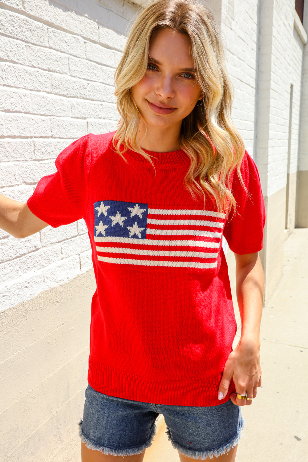 American Flag Bubble Short Sleeve Jacquard Sweater Knit Pullover