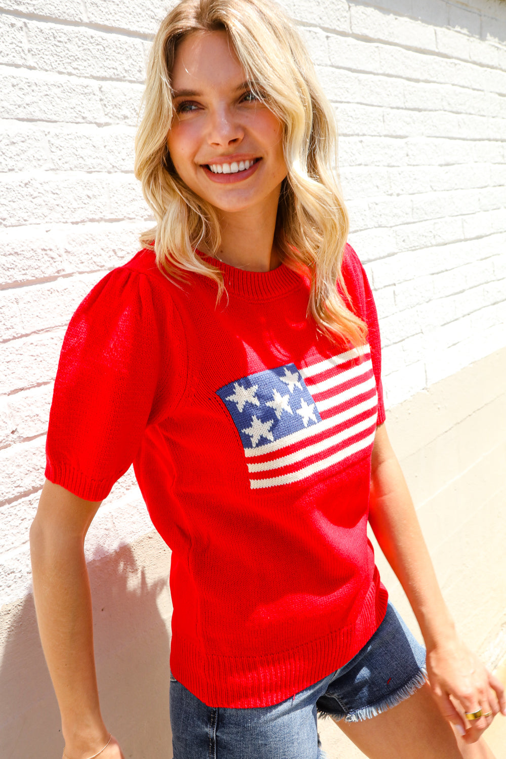 American Flag Bubble Short Sleeve Jacquard Sweater Knit Pullover