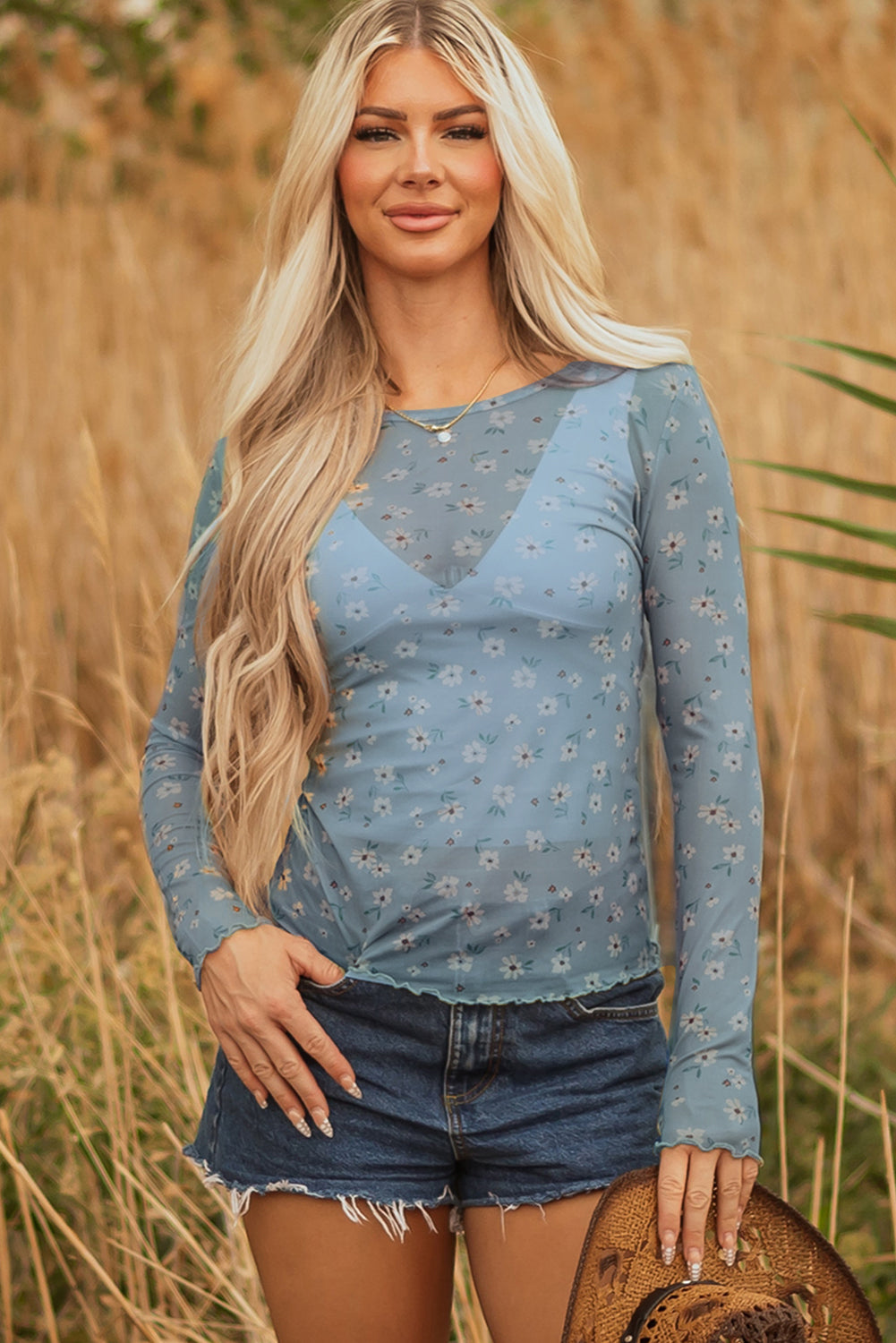 Laurel Green Vintage Floral Print Southern Style Mesh Long Sleeve Top