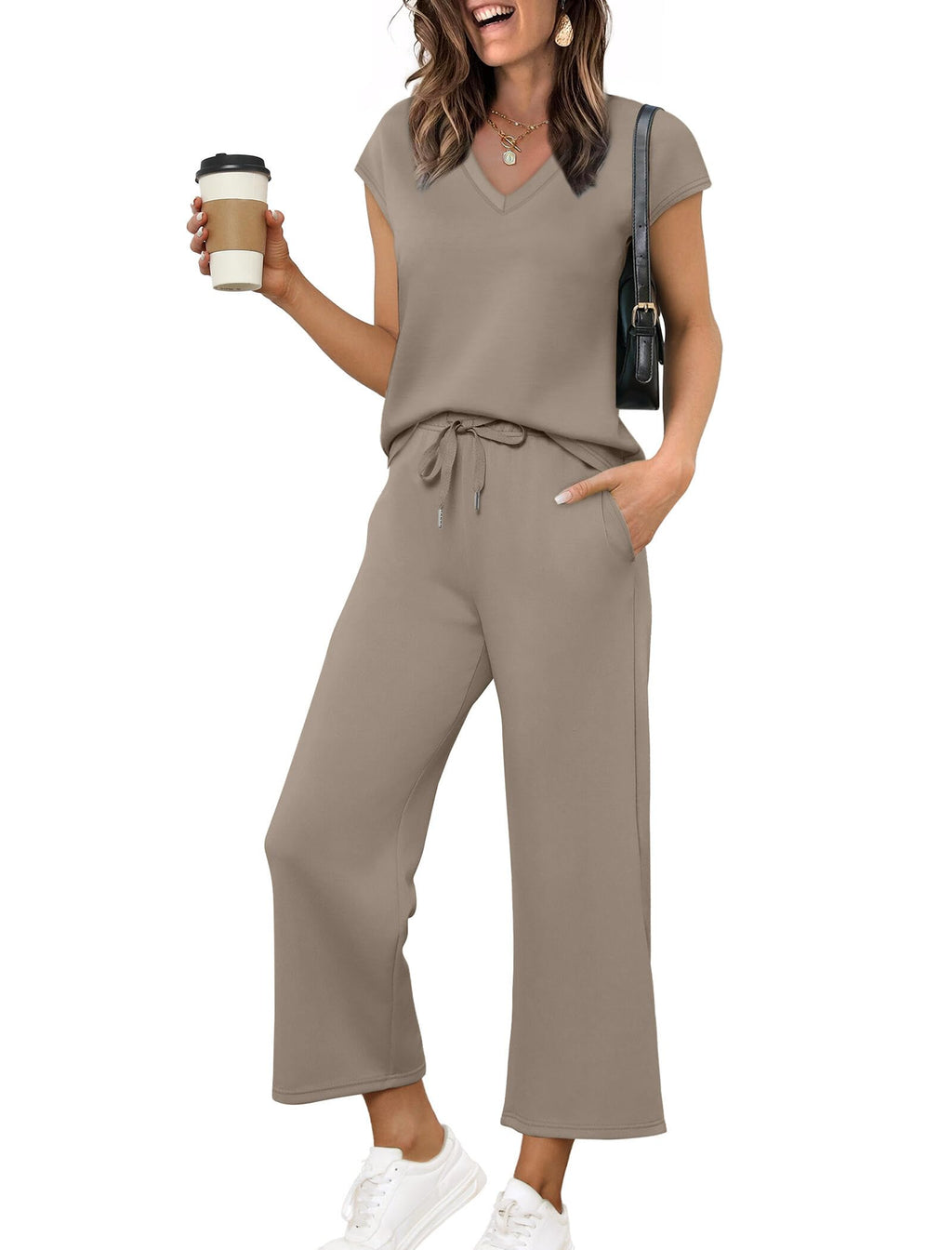 Saloogoe Two Piece Sets for Women Summer Outfits Lounge Sets V Neck Tops Wide Leg Pants Woman Vacation Travel Outfits