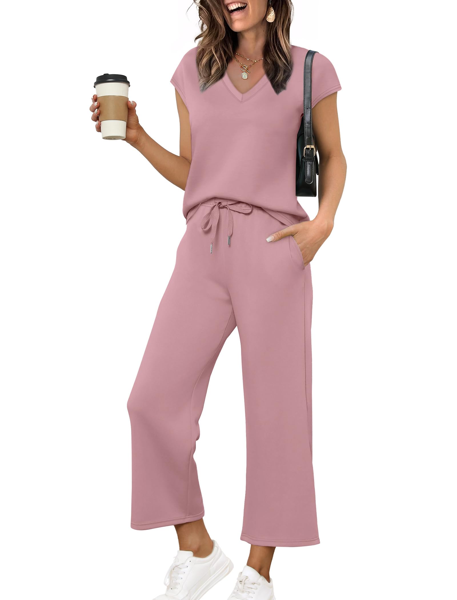 Saloogoe Two Piece Sets for Women Summer Outfits Lounge Sets V Neck Tops Wide Leg Pants Woman Vacation Travel Outfits