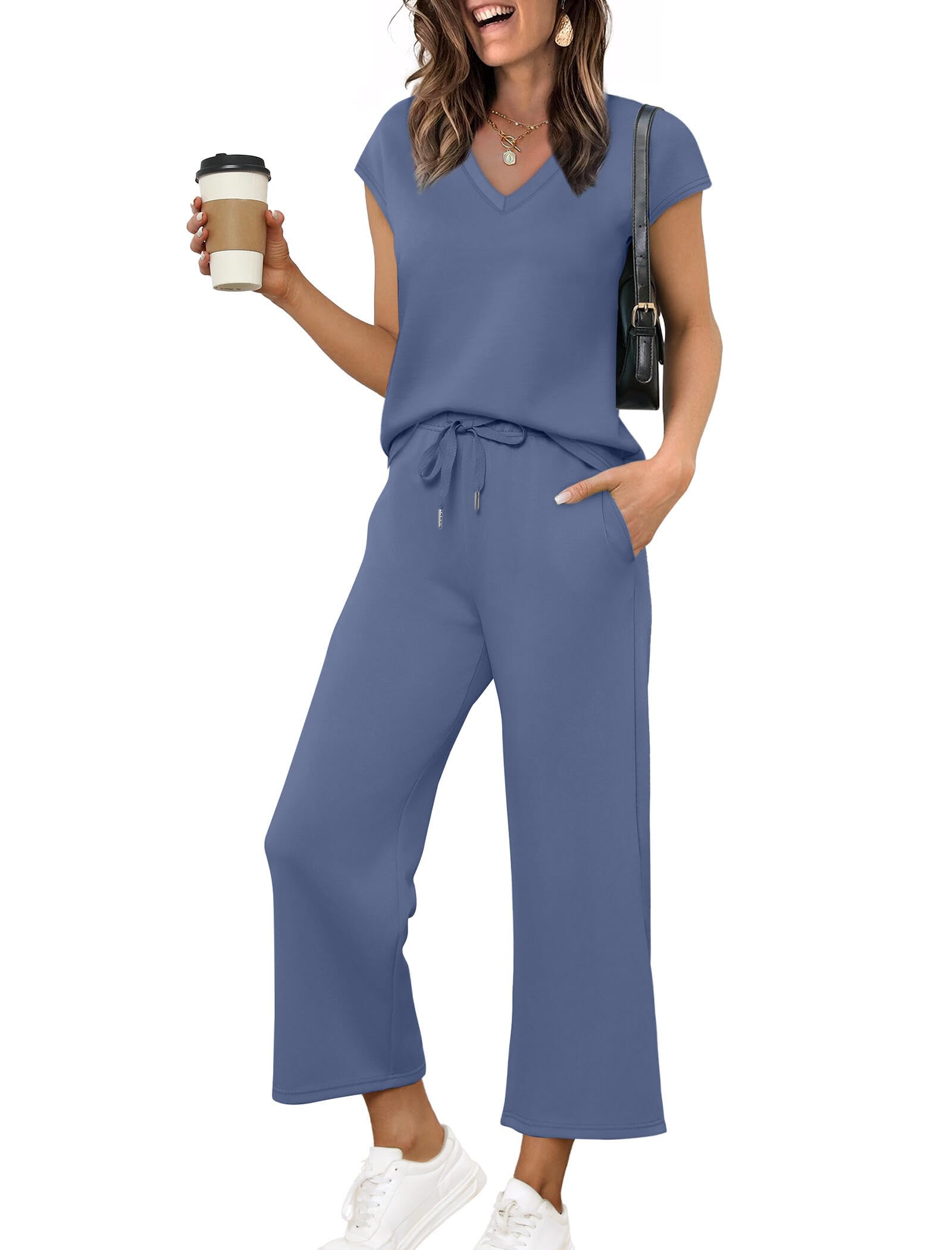 Saloogoe Two Piece Sets for Women Summer Outfits Lounge Sets V Neck Tops Wide Leg Pants Woman Vacation Travel Outfits