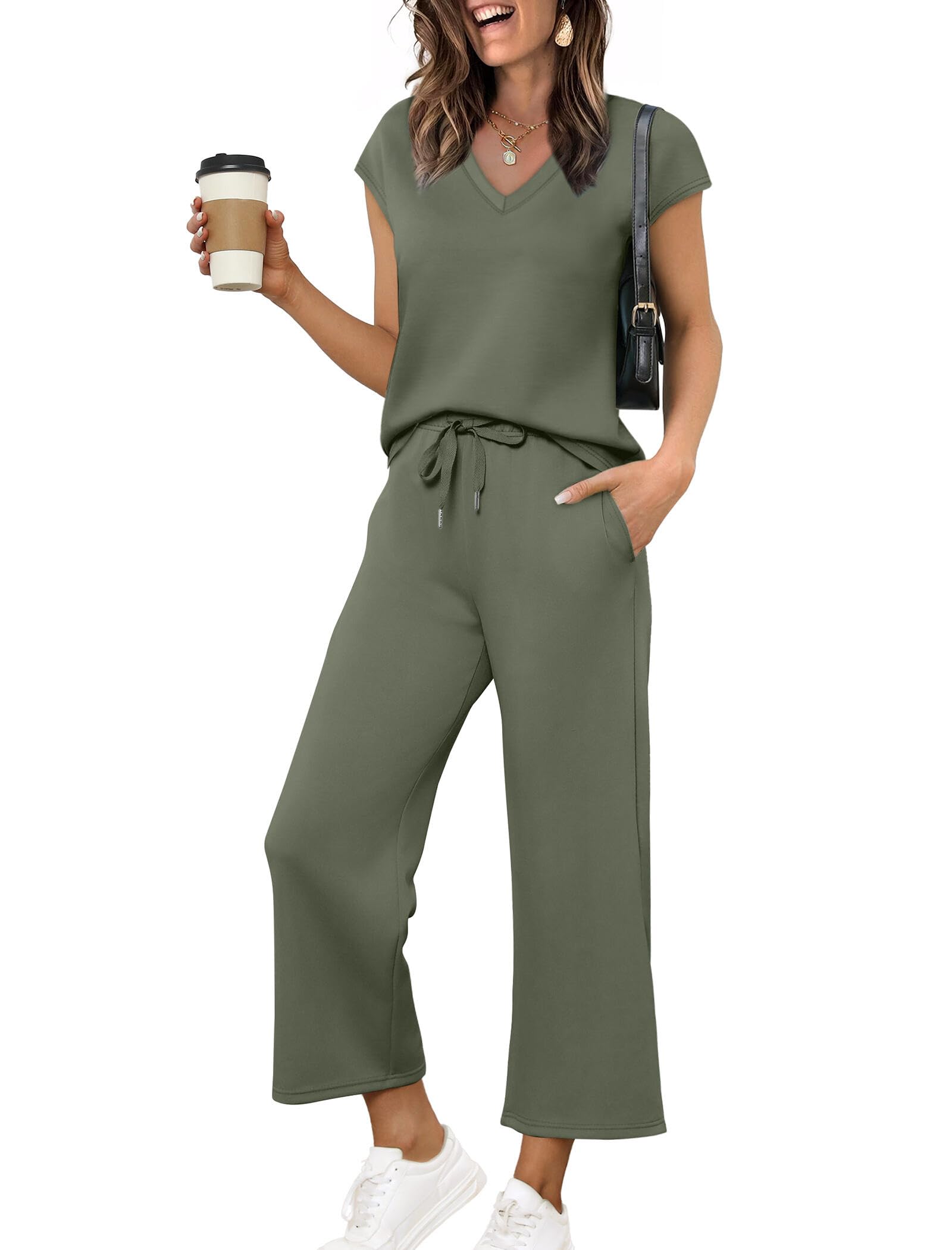 Saloogoe Two Piece Sets for Women Summer Outfits Lounge Sets V Neck Tops Wide Leg Pants Woman Vacation Travel Outfits