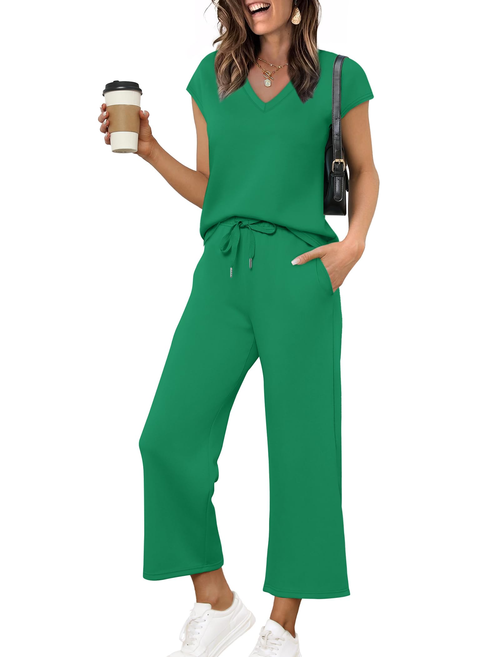 Saloogoe Two Piece Sets for Women Summer Outfits Lounge Sets V Neck Tops Wide Leg Pants Woman Vacation Travel Outfits