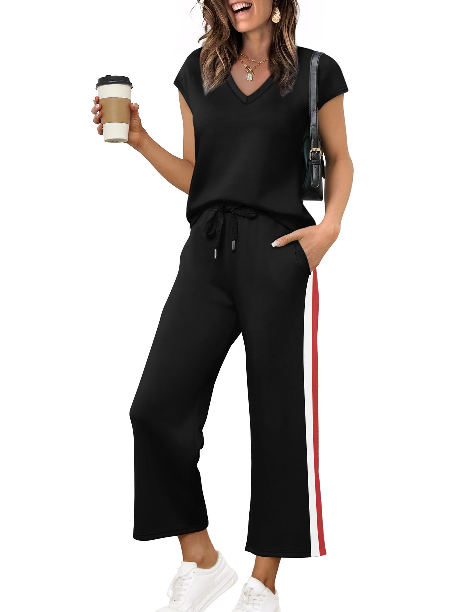 Saloogoe Two Piece Sets for Women Summer Outfits Lounge Sets V Neck Tops Wide Leg Pants Woman Vacation Travel Outfits