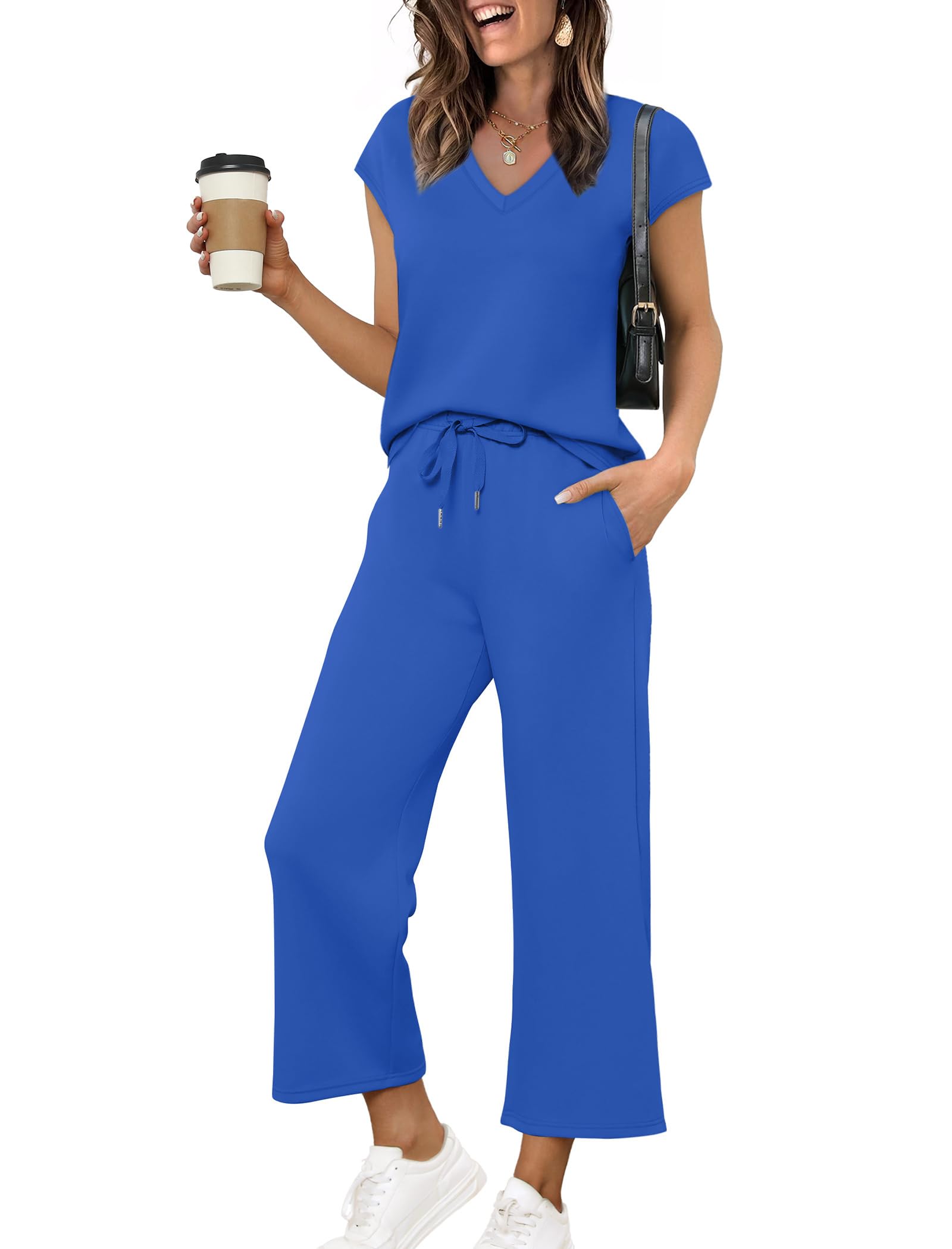 Saloogoe Two Piece Sets for Women Summer Outfits Lounge Sets V Neck Tops Wide Leg Pants Woman Vacation Travel Outfits