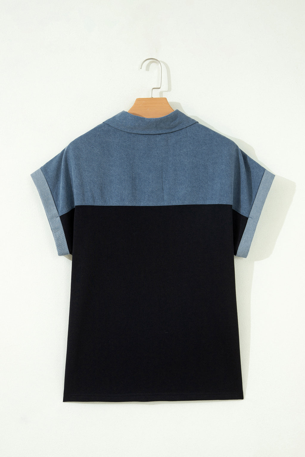 Light Grey Color Block Denim Patchwork Button Polo Collar Short Sleeve Top