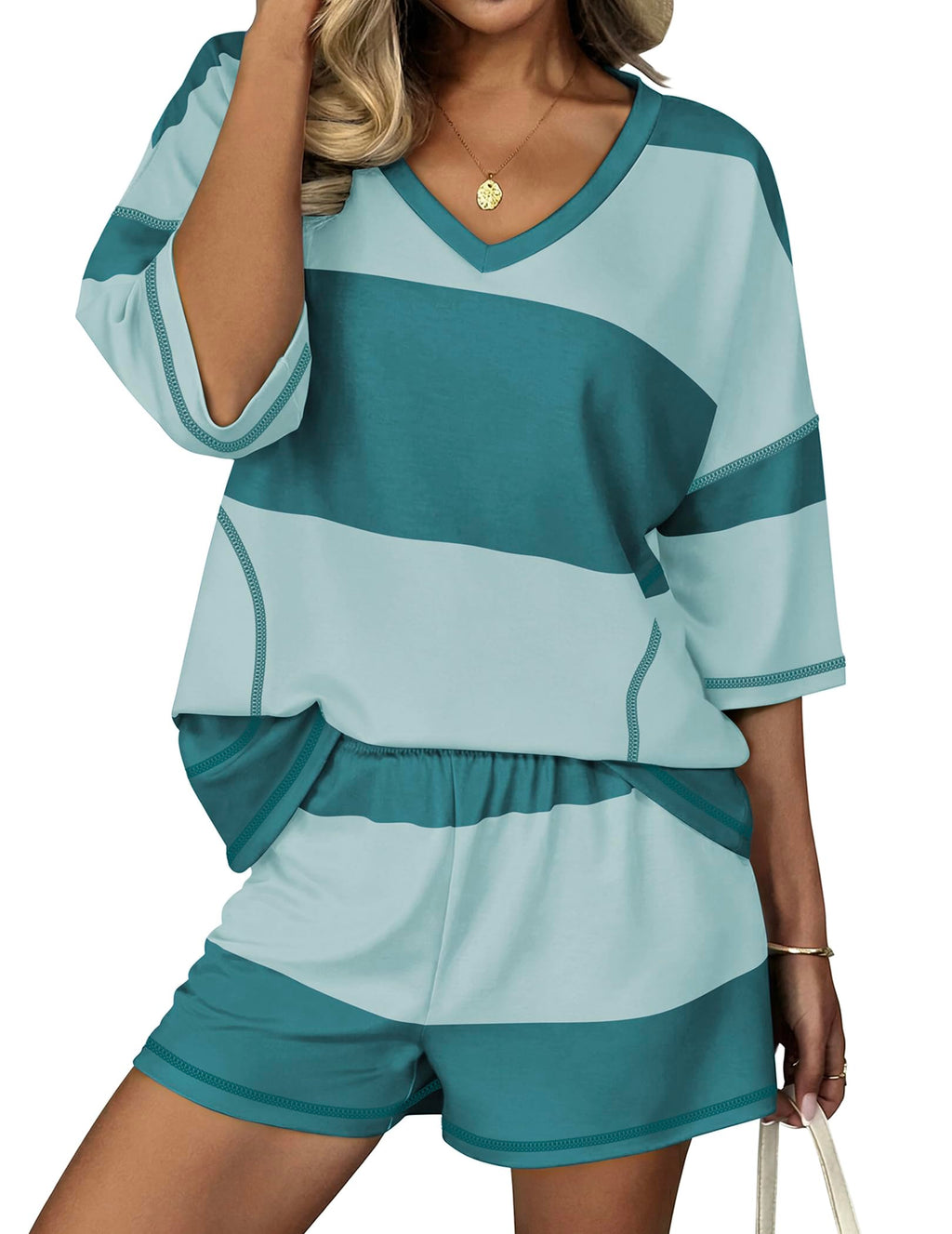 Ekouaer Two Piece Sets for Women Summer Lounge Sets 2026 Striped Shirts and Shorts Set Oversized Matching Outfit