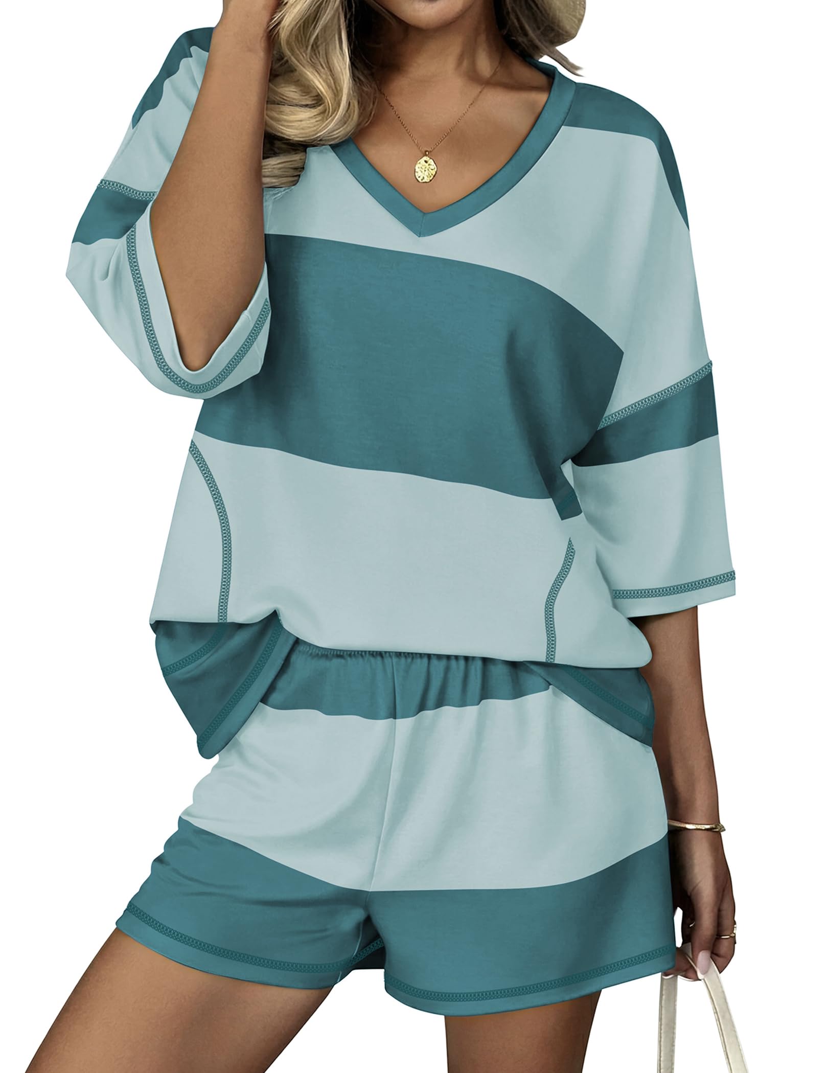 Ekouaer Two Piece Sets for Women Summer Lounge Sets 2026 Striped Shirts and Shorts Set Oversized Matching Outfit