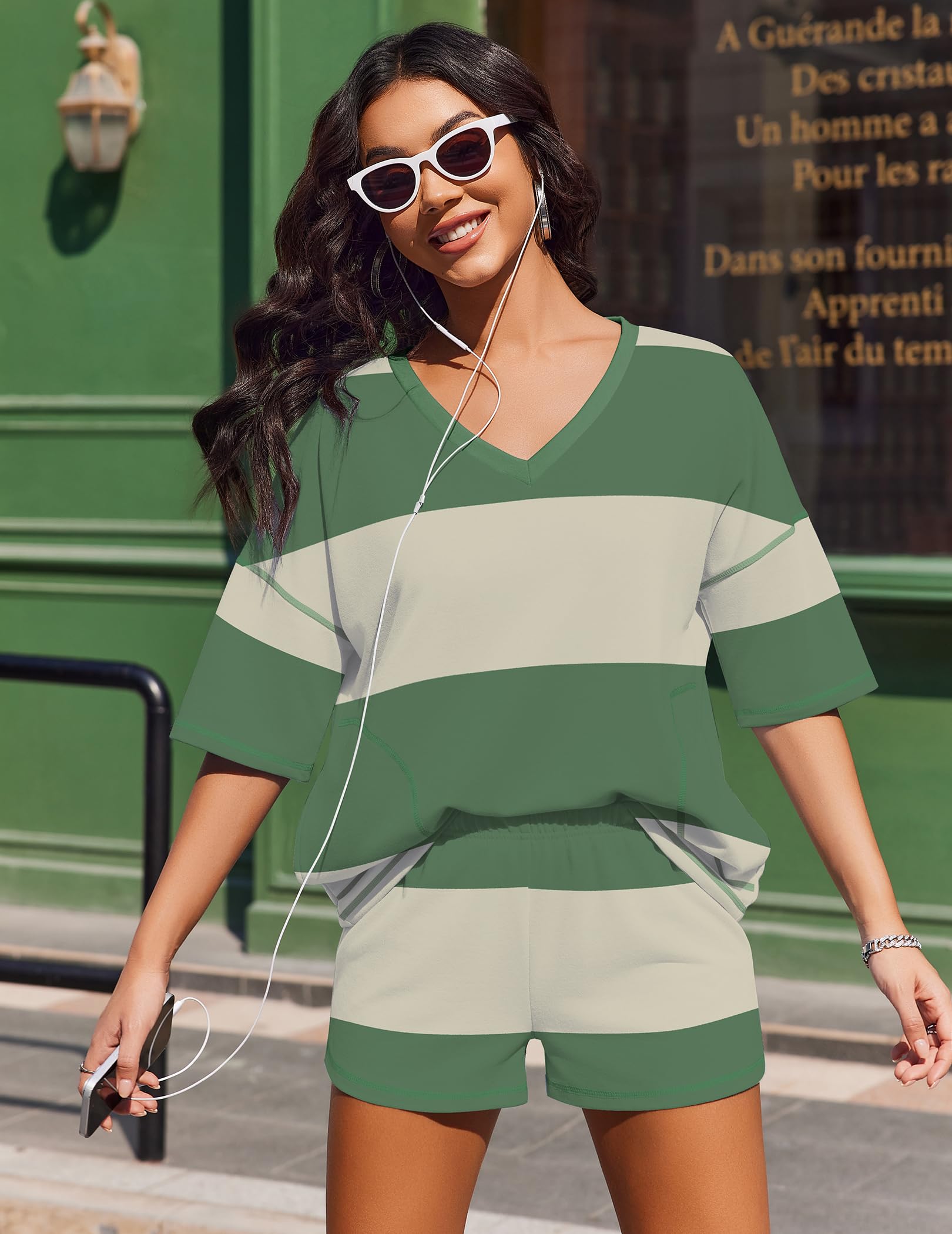 Ekouaer Two Piece Sets for Women Summer Lounge Sets 2026 Striped Shirts and Shorts Set Oversized Matching Outfit