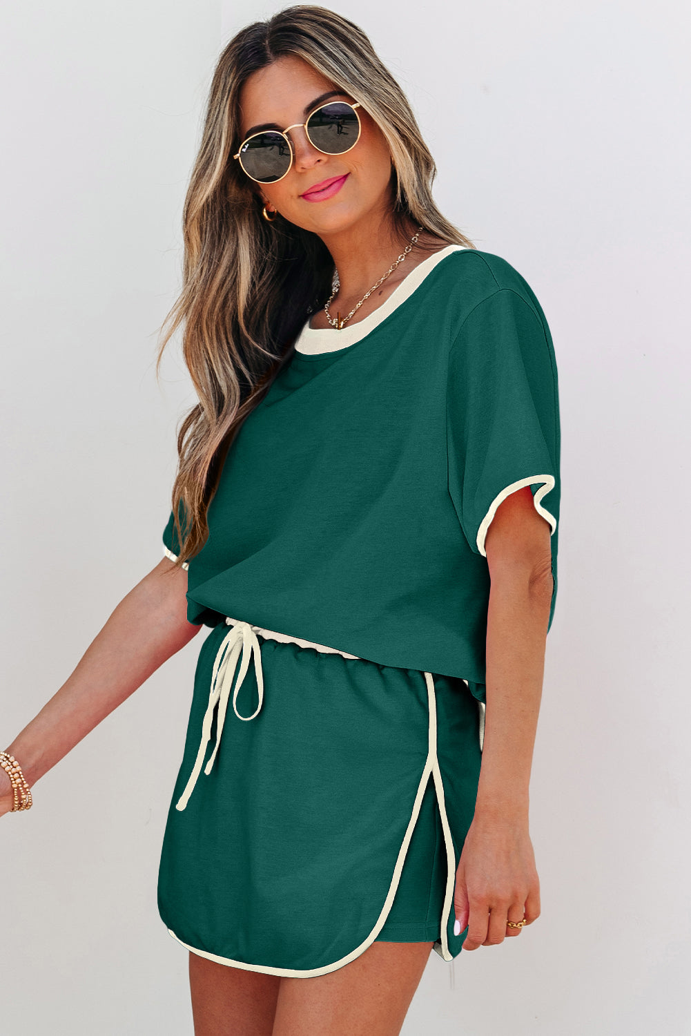 Bonbon Colorblock Edge Drop Shoulder T Shirt and Skort 2Pcs Set