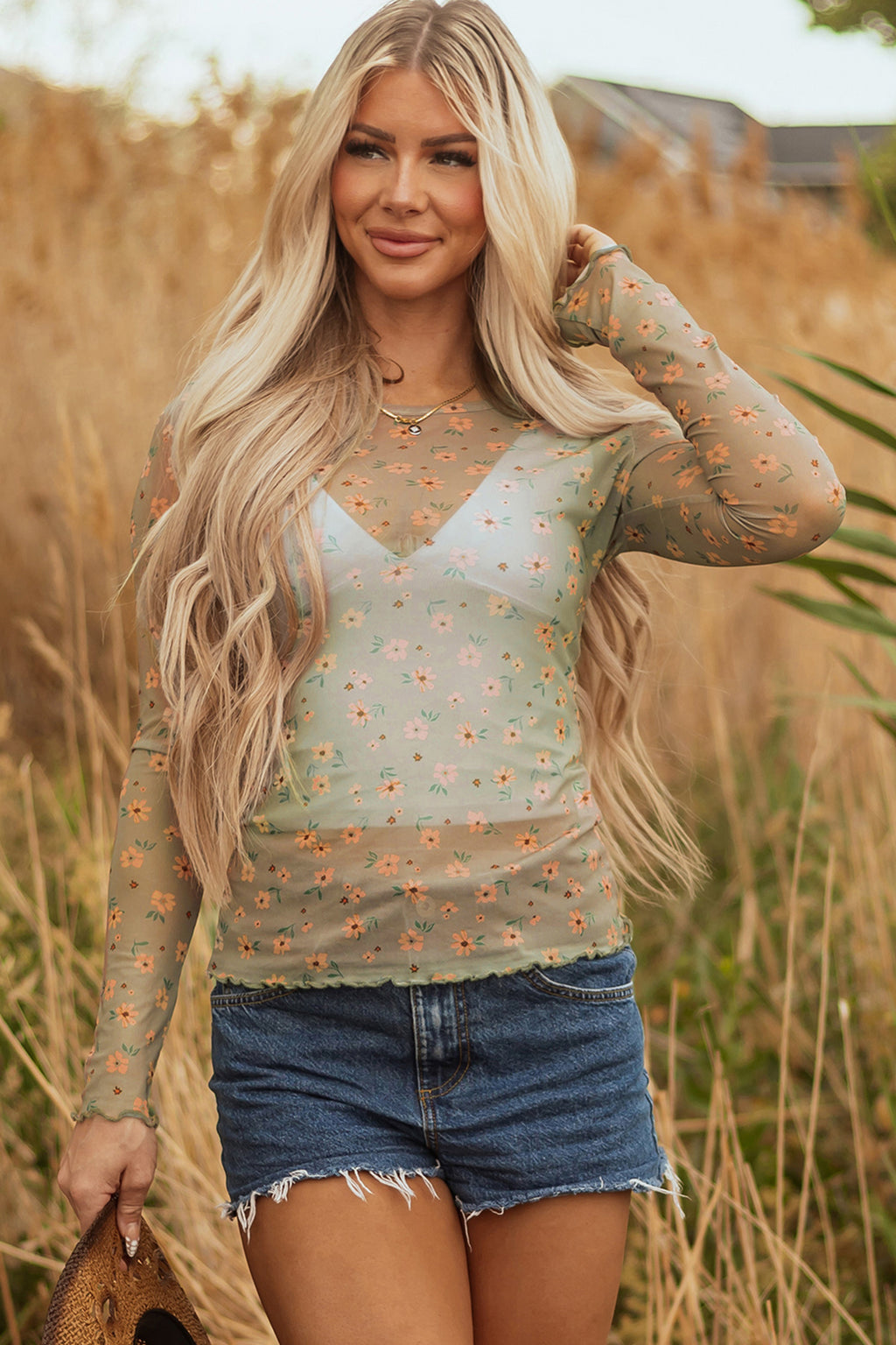 Laurel Green Vintage Floral Print Southern Style Mesh Long Sleeve Top