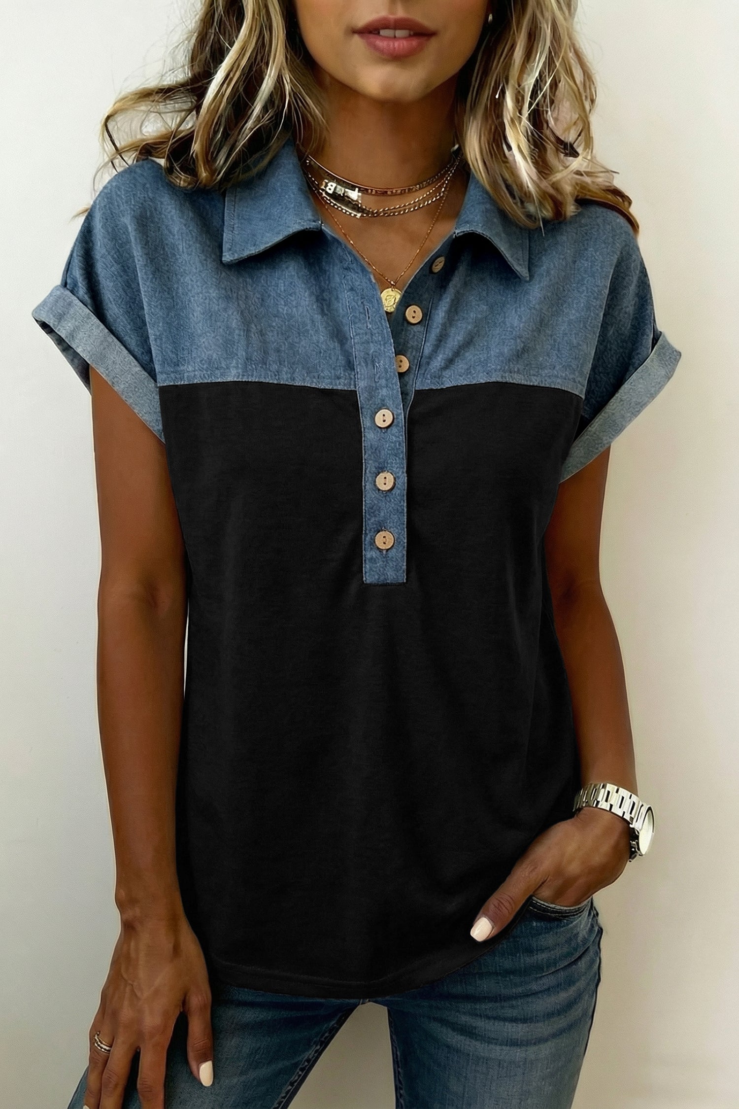 Light Grey Color Block Denim Patchwork Button Polo Collar Short Sleeve Top