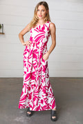 Magenta & White Floral Fit and Flare Sleeveless Maxi Dress