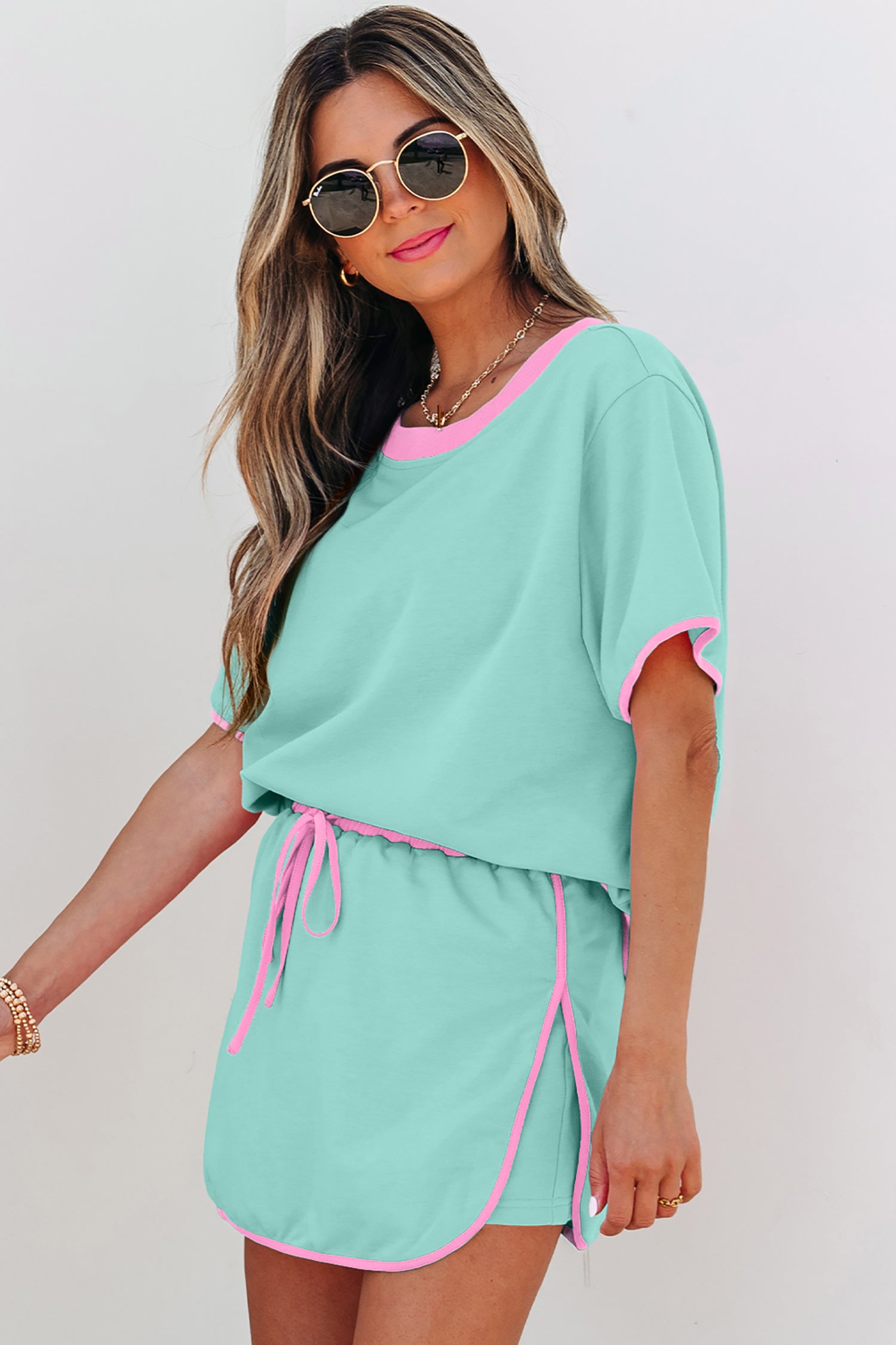 Bonbon Colorblock Edge Drop Shoulder T Shirt and Skort 2Pcs Set