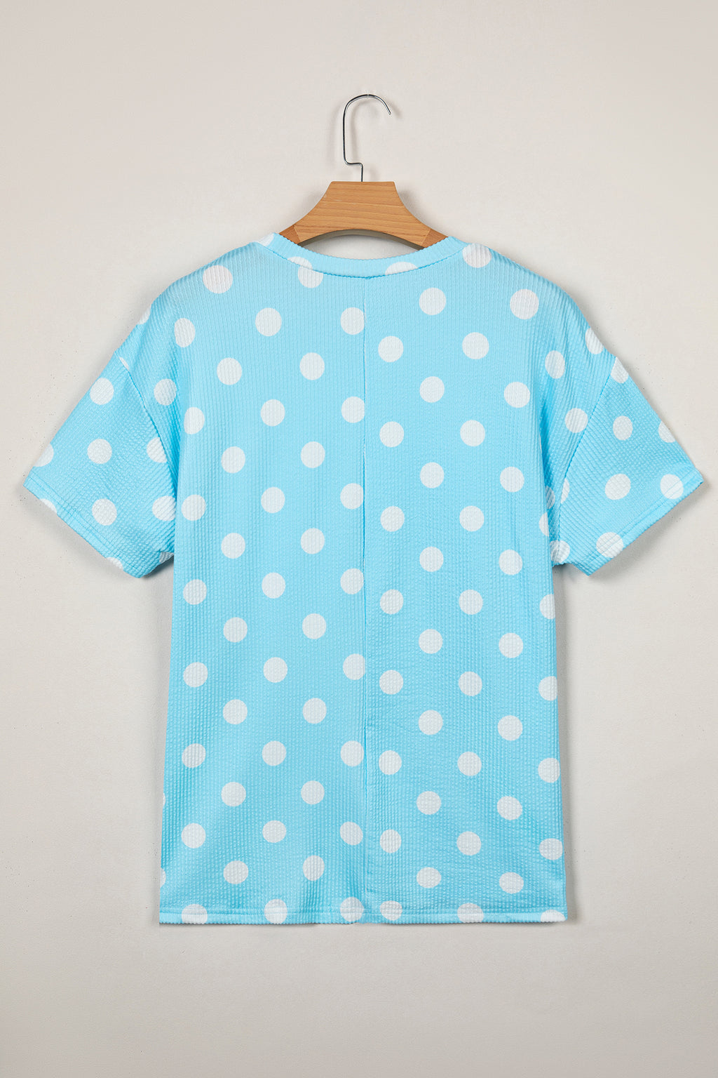 Pink Polka Dot Round Neck Drop Shoulder Patch Pocket Jacquard Texture Top