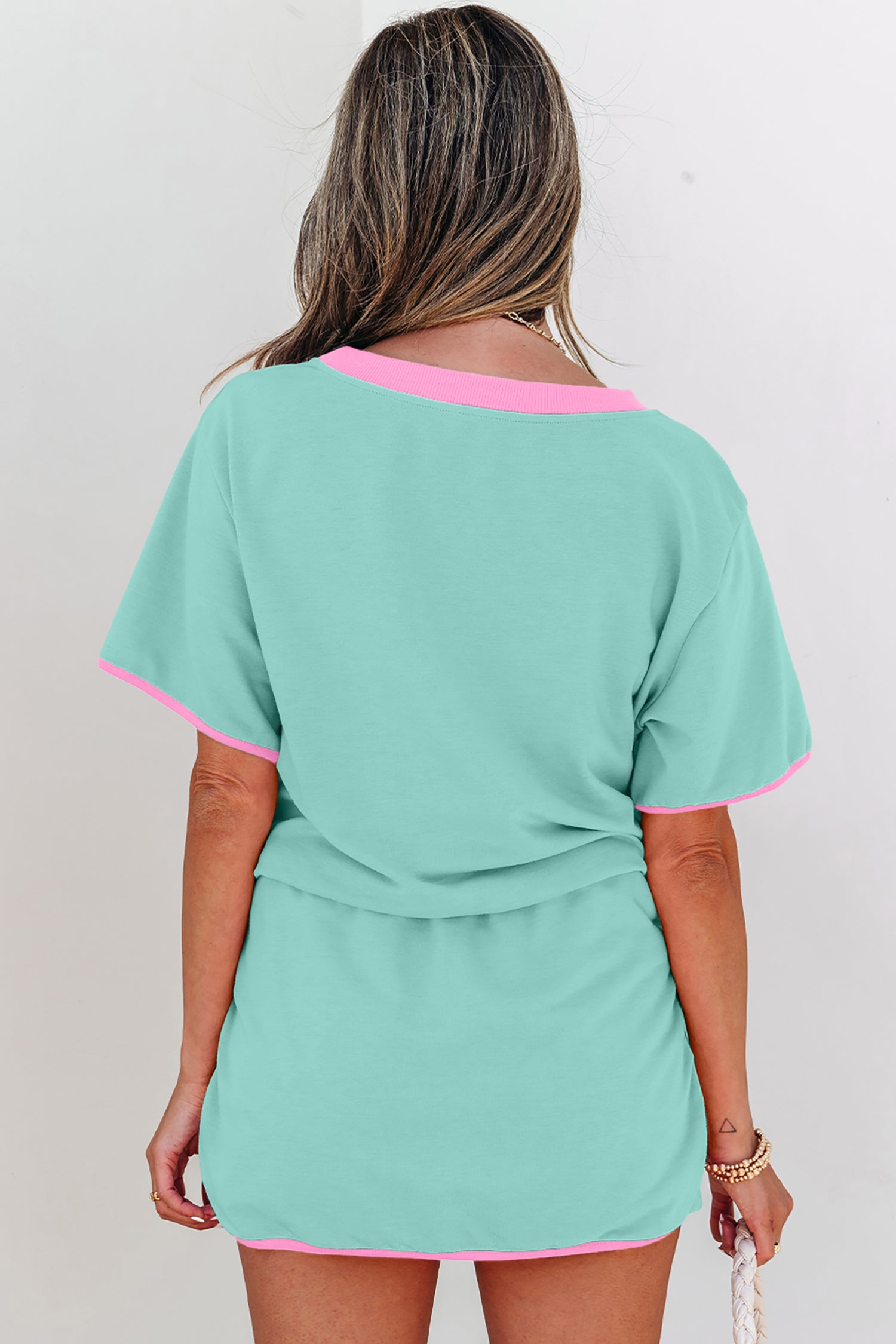 Bonbon Colorblock Edge Drop Shoulder T Shirt and Skort 2Pcs Set