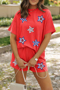 Orange Sequin USA Flag Star Graphic Corded T Shirt and Shorts Set