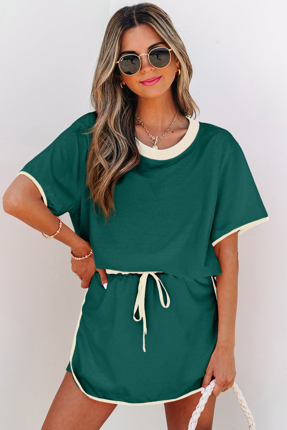 Bonbon Colorblock Edge Drop Shoulder T Shirt and Skort 2Pcs Set